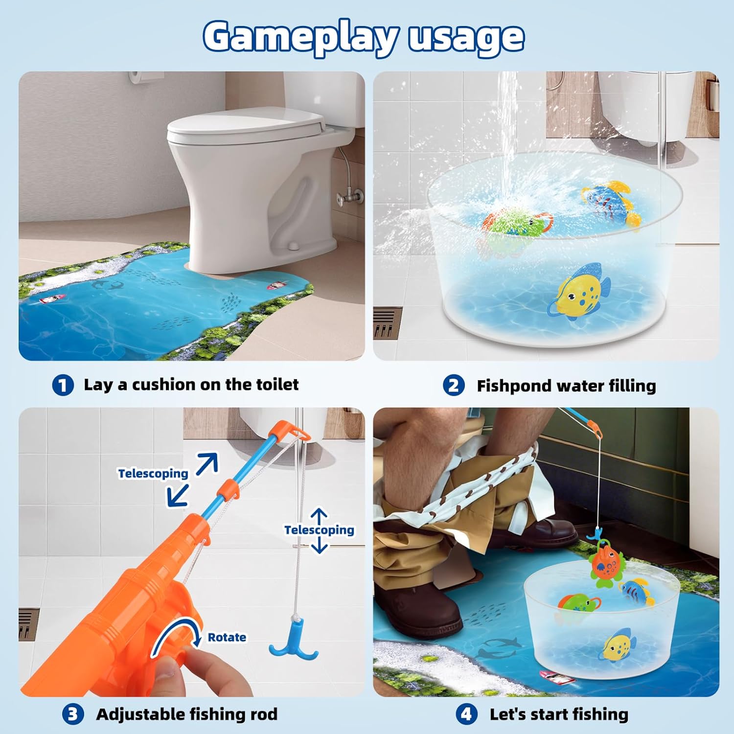Toilet Fishing Kit - Funny Gift with blue toilet mat, fishpond bucket, and orange telescoping fishing rod in bathroom setup by HighPeak