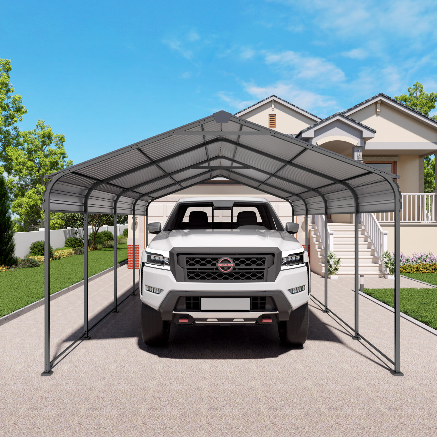 HighPeak Metal Carport in gray with rust-resistant steel roof sheltering a white truck in a residential driveway