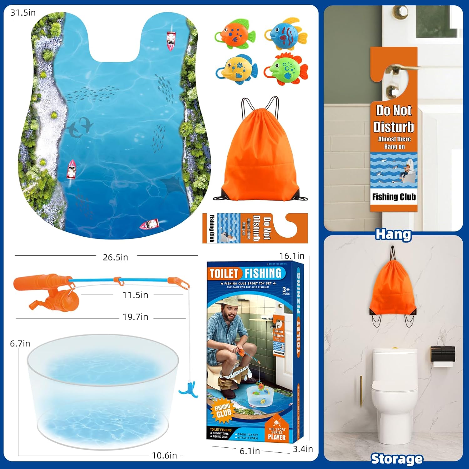 HighPeak Toilet Fishing Kit funny gift with blue water bowl, fishing pole, colorful fish, mat, sign, and storage bag