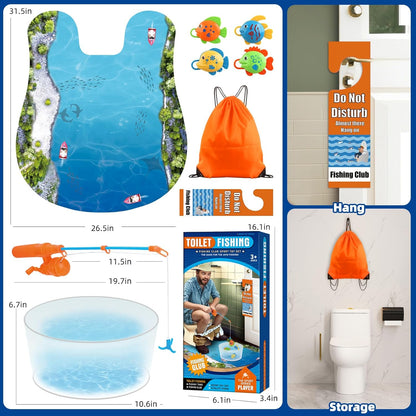 HighPeak Toilet Fishing Kit funny gift with blue water bowl, fishing pole, colorful fish, mat, sign, and storage bag