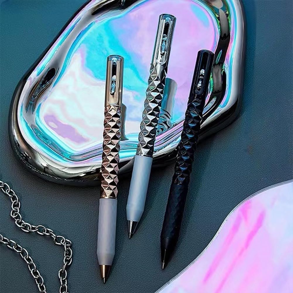 Geometric Metal Crinkle Pen with textured diamond pattern design in silver, black, and rose gold on iridescent surface