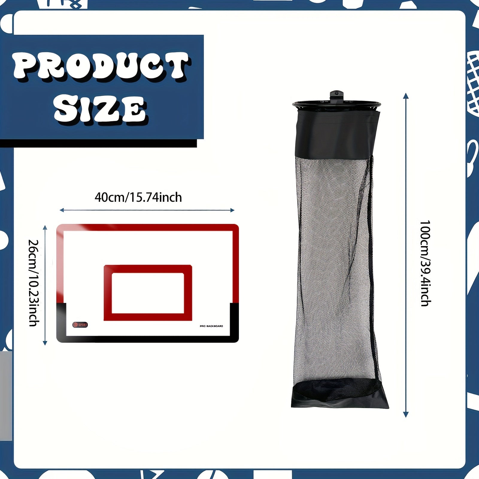 SwishBin Laundry Hoop by HighPeak showing red and black hoop and black laundry net with size dimensions for space planning.