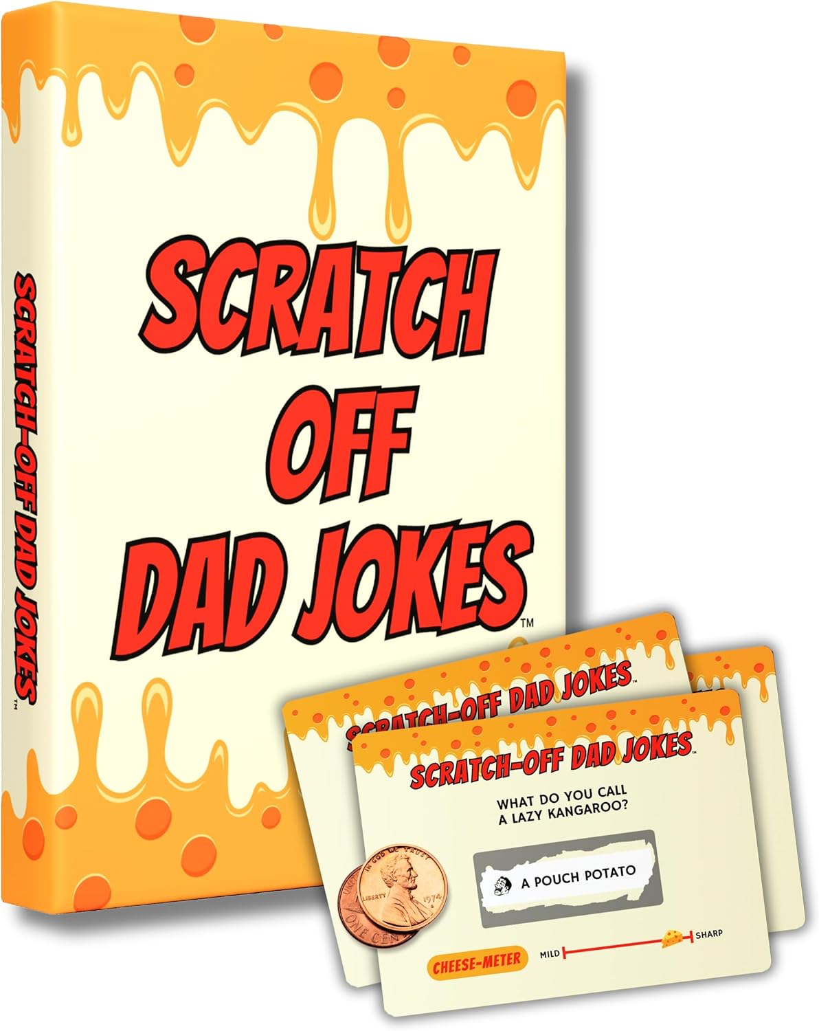 HighPeak Scratch Off Dad Jokes game box and scratch cards with cheesy puns in orange and cream colors