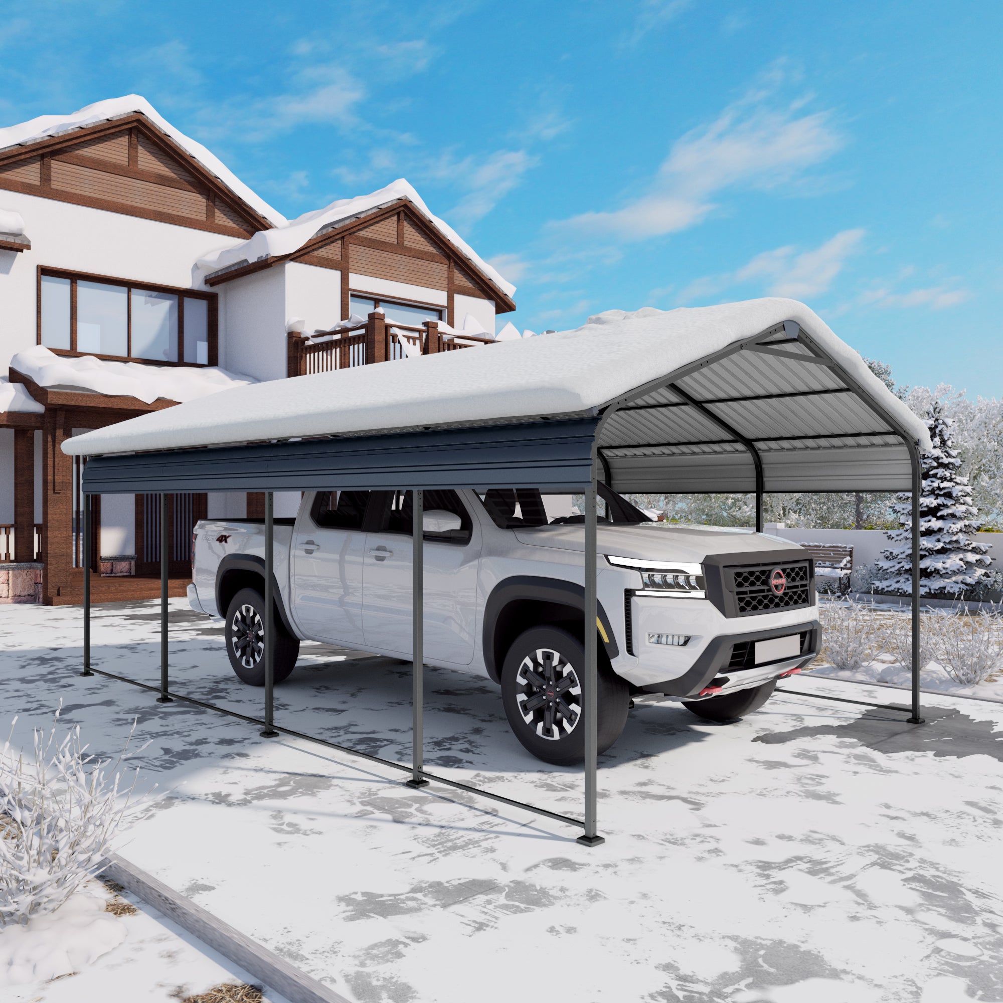 HighPeak Metal Carport in gray with sturdy galvanized steel roof sheltering a white truck in a snowy driveway setting