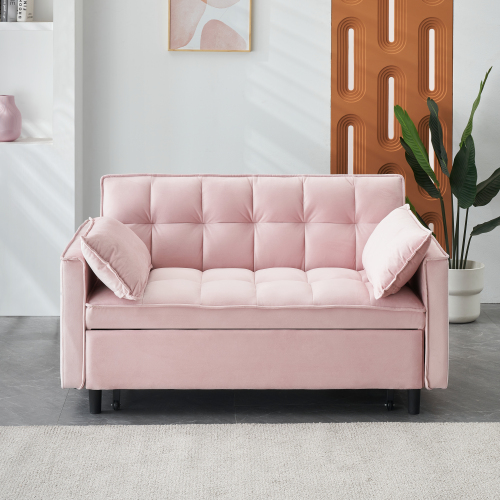 HighPeak Folding Sofa Bed in blush velvet with padded arms and cushions in a modern living room setting