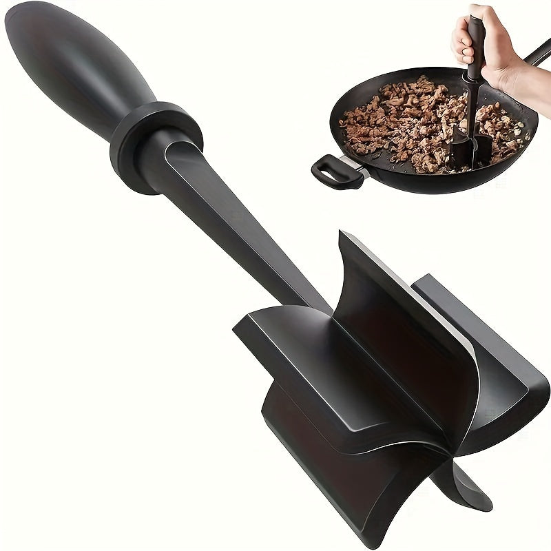 GrindGrip™ manual meat chopper with 5-blade curved head and black handle breaking ground beef in a skillet by HighPeak