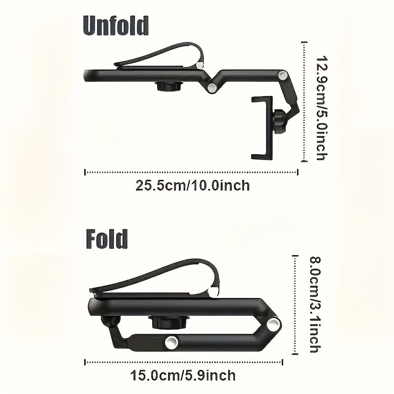 HighPeak FlexiGrip™ - Rotating Phone Mount in black shown unfolded and folded with dimensions against a white background