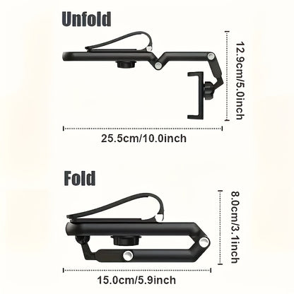 HighPeak FlexiGrip™ - Rotating Phone Mount in black shown unfolded and folded with dimensions against a white background