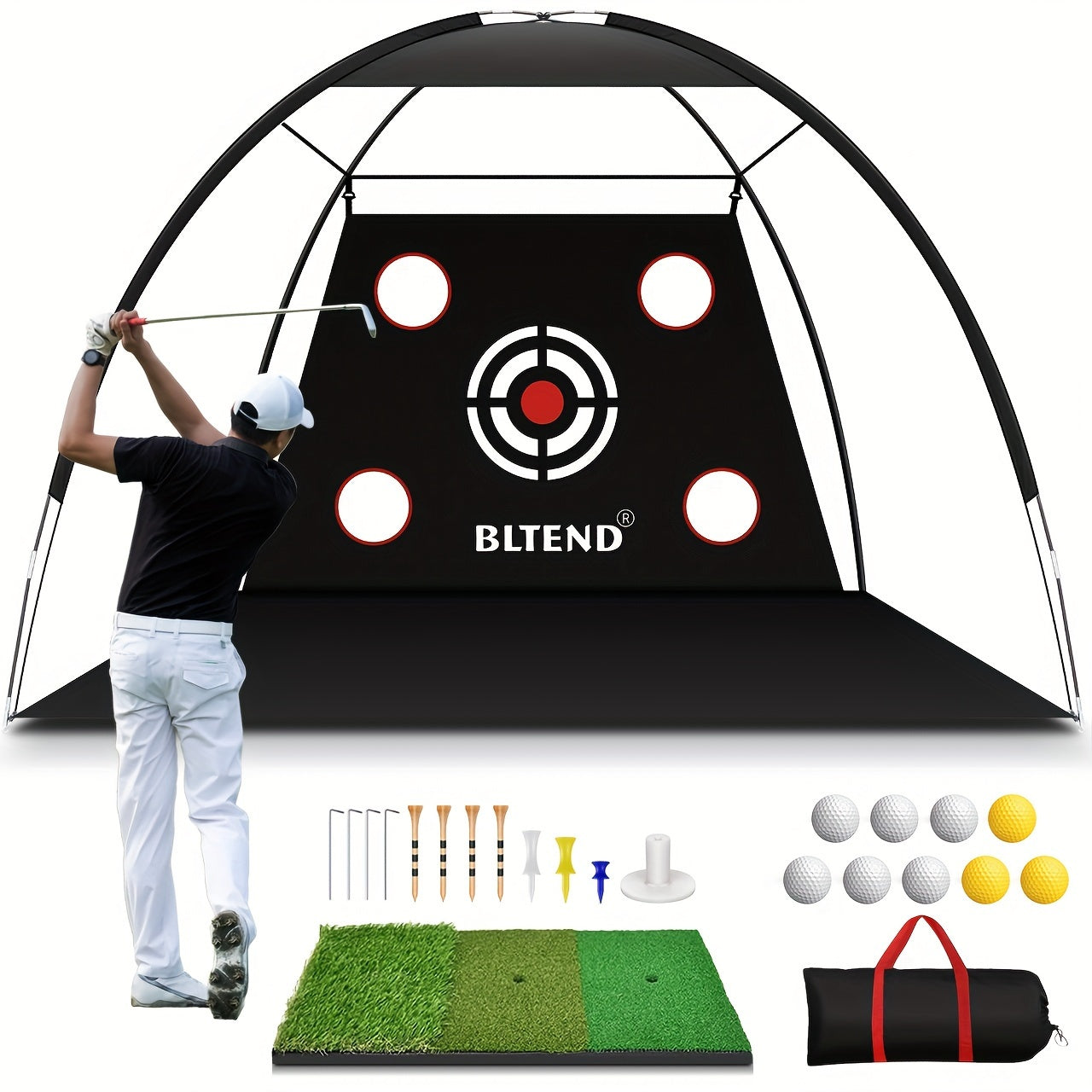 ProSwing Golf Net by HighPeak with black target net, practice mat, tees, balls, and carrying bag for indoor/outdoor golf training.