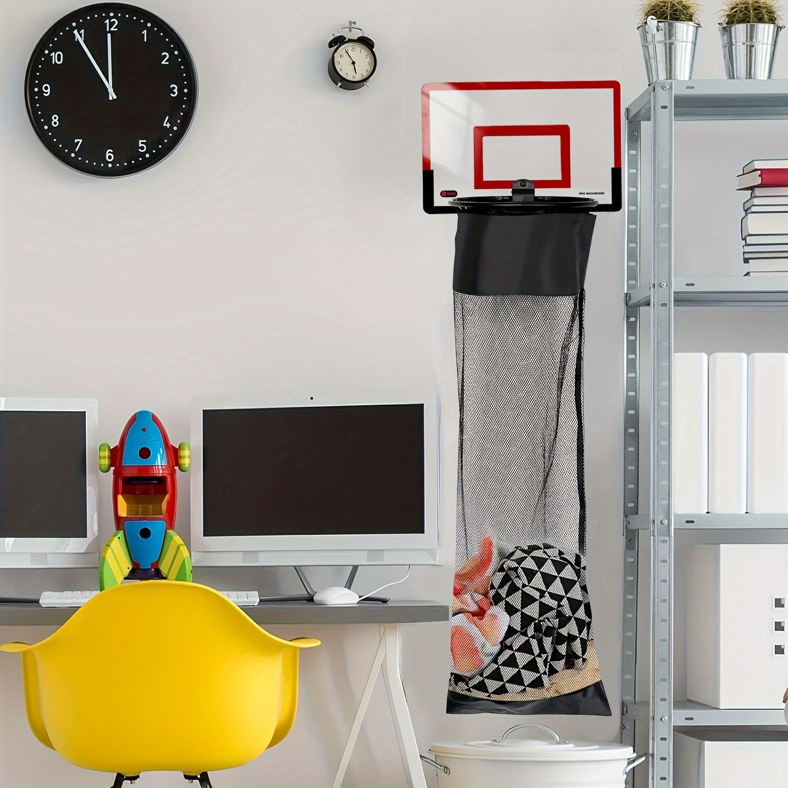 HighPeak SwishBin Laundry Hoop in red and black with built-in net hanging over door in a modern study room setting