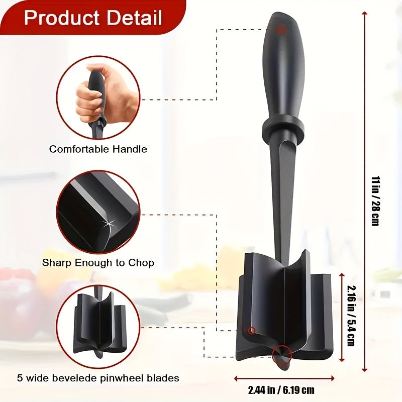 GrindGrip™ manual meat chopper with black comfortable handle and 5 wide beveled blades for easy ground beef preparation