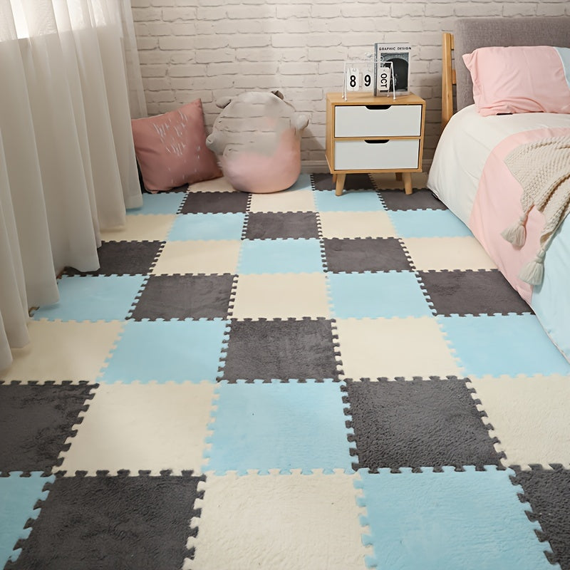 CozyTiles™ - 24pc Mat Set in blue, gray, and cream plush tiles arranged in a cozy bedroom corner with soft textures