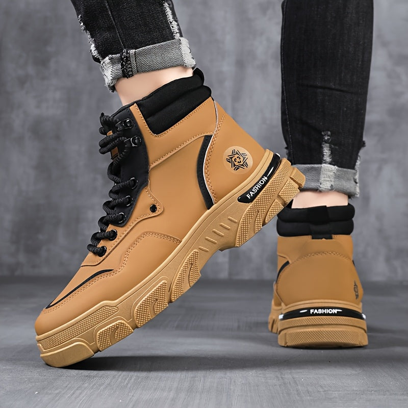 TrailForge™ Boots in tan with black lace-up high-top design and rugged EVA sole for all-season urban and outdoor use by HighPeak