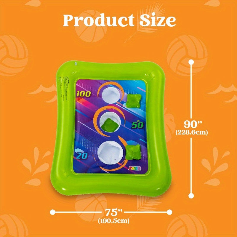 HighPeak 2-in-1 Inflatable Pool Toss Game in bright green and purple with ring toss holes and bean bags on orange background.