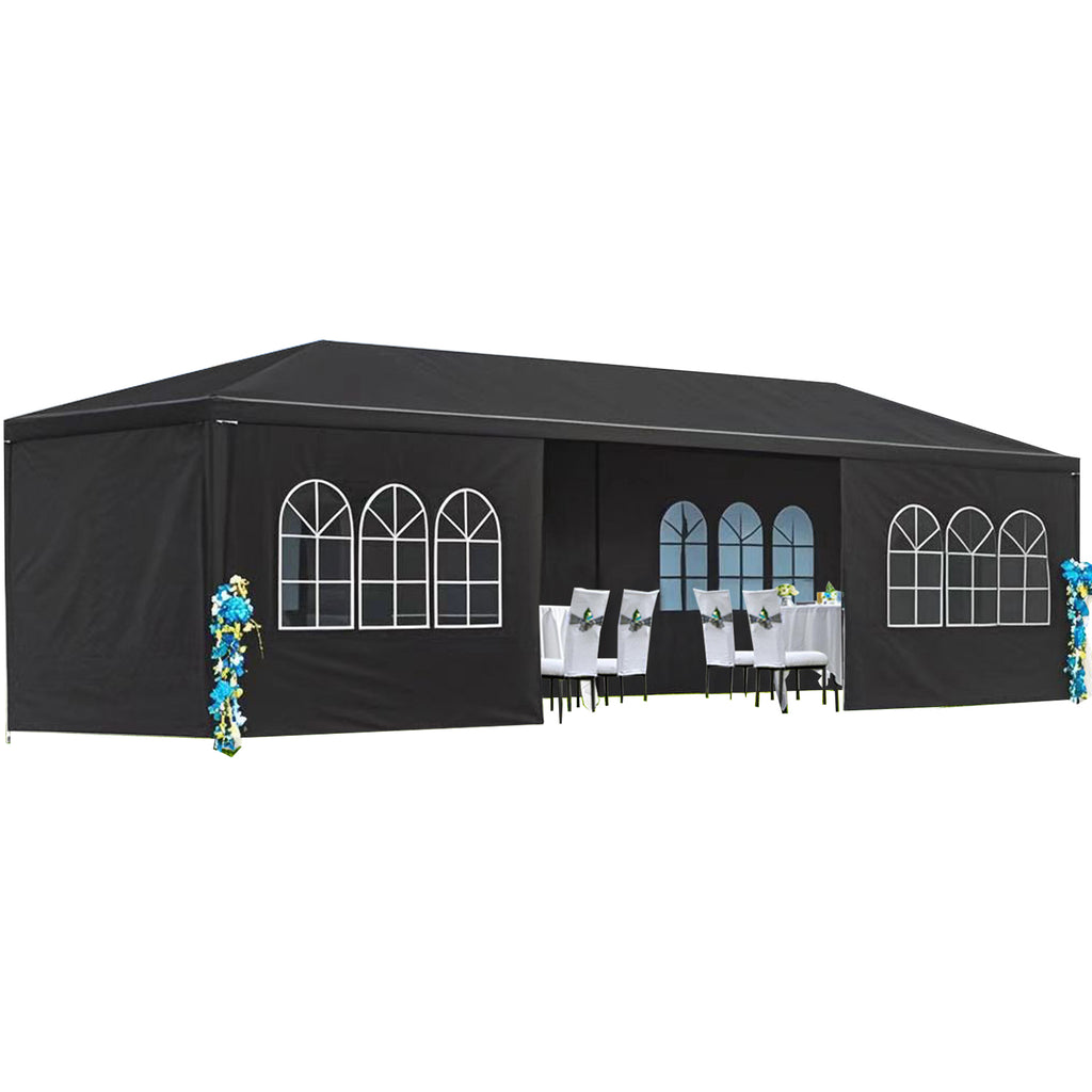 HighPeak Outdoor Party Tent in black with arched windows and removable sidewalls set up for an elegant outdoor event
