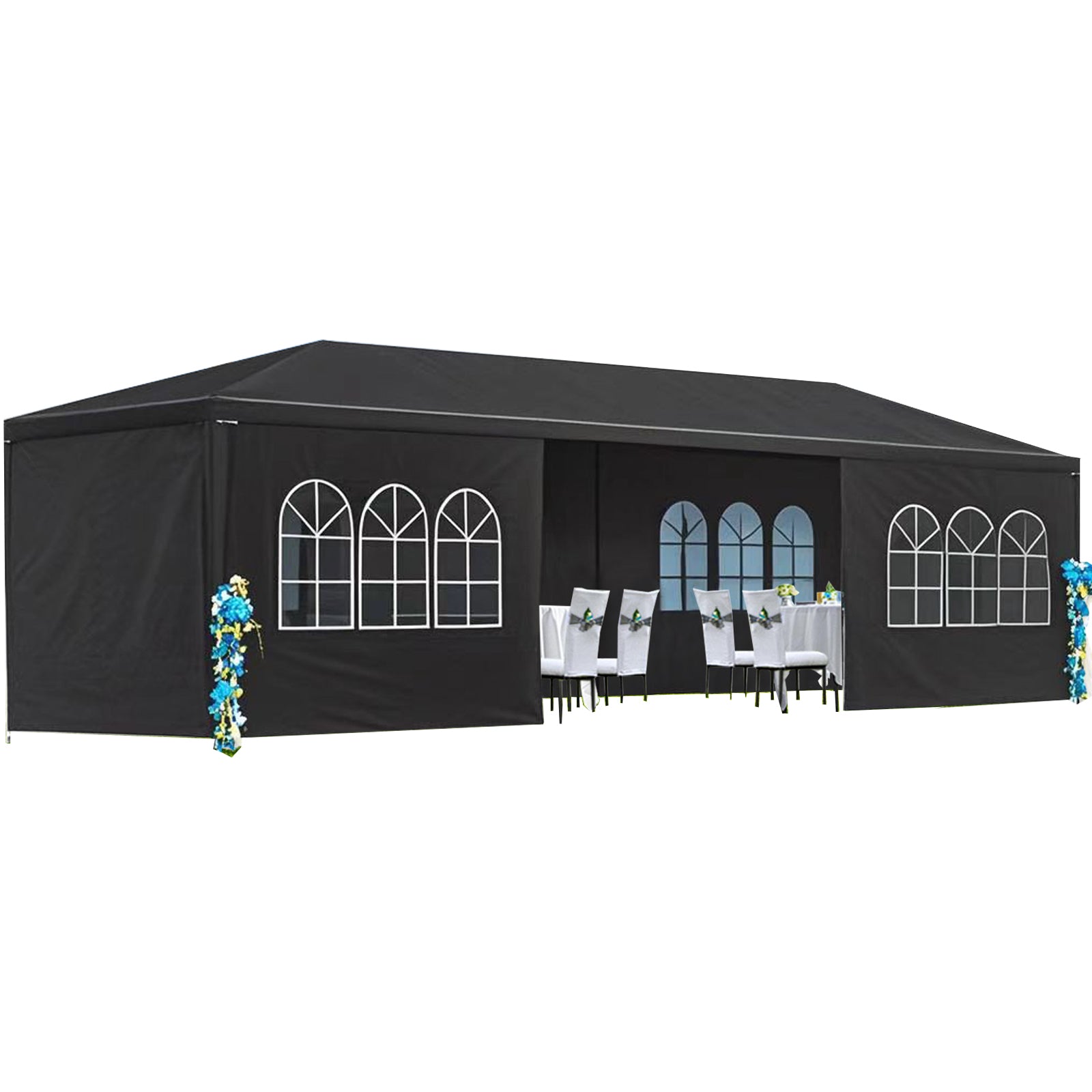 HighPeak Outdoor Party Tent in black with arched windows and removable sidewalls set up for an elegant outdoor event