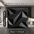 HighPeak PrismWall™ 3D Diamond Wall Panels in black PVC with geometric texture shown in modern living room setting.