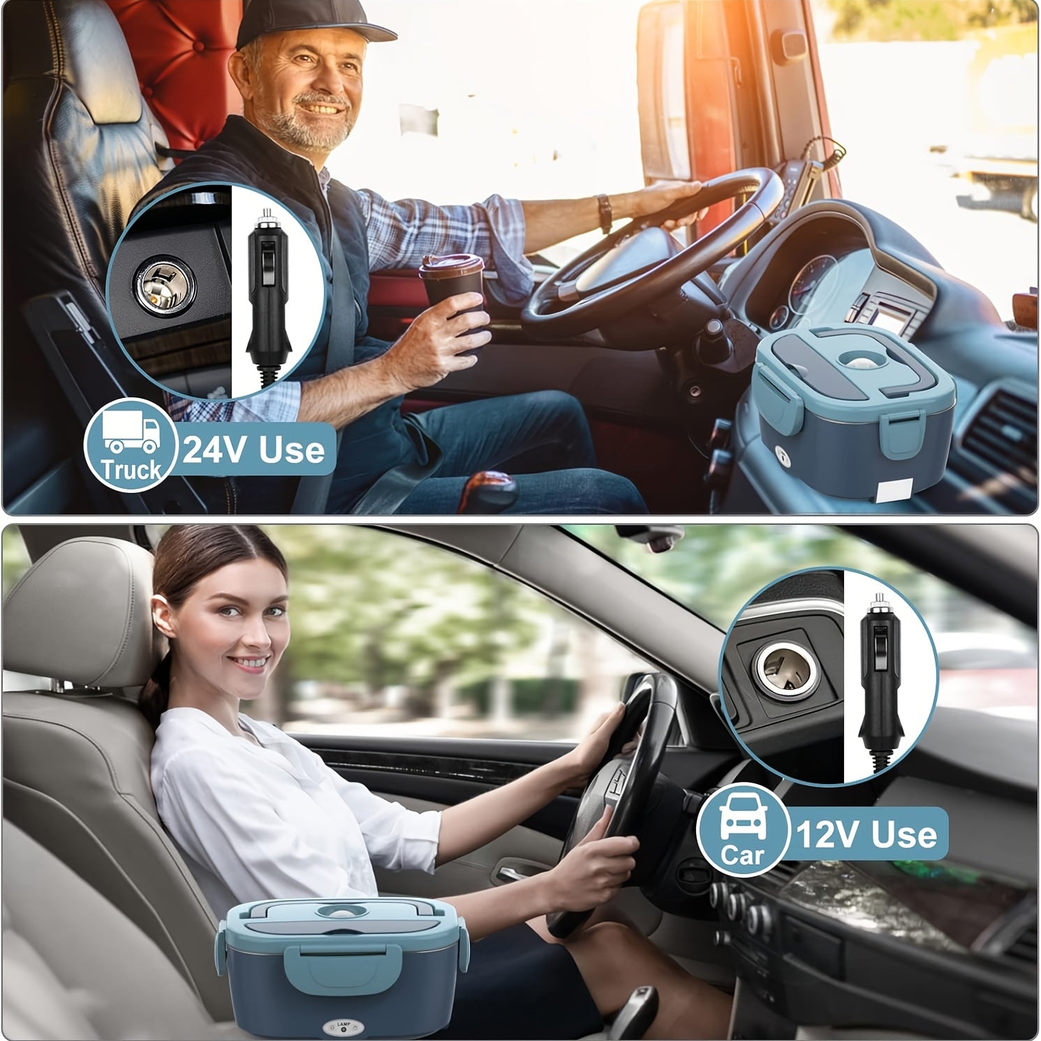 HeatMate™ electric lunch box in blue shown in truck and car interiors with 24V and 12V plug for hot meals on the go.