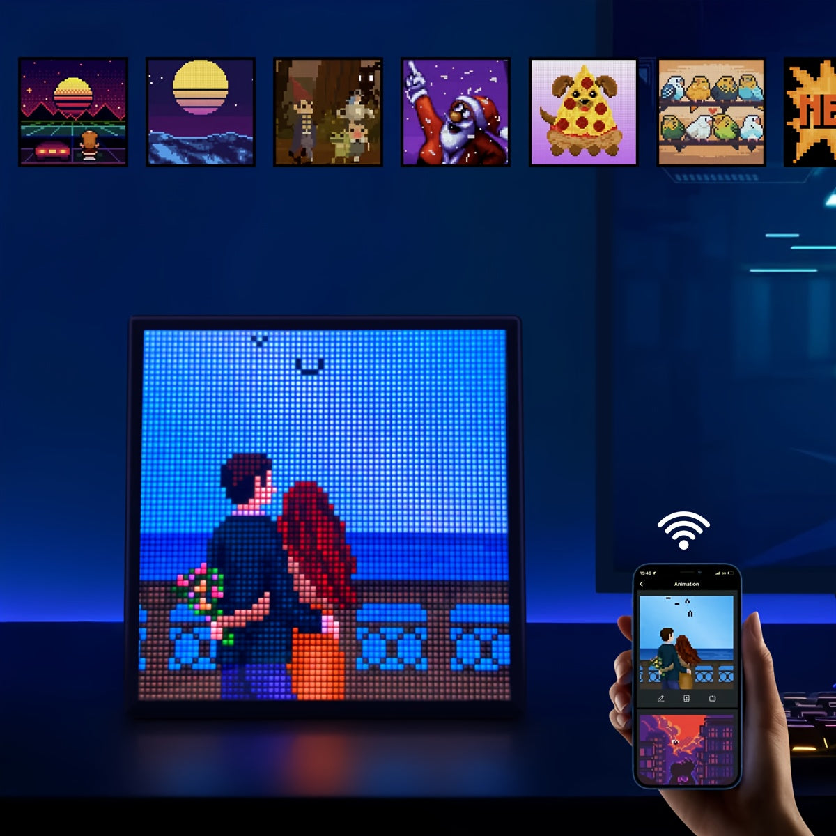PixelPlay™ - Smart LED Frame showing pixel art couple by the sea, controlled via phone app in a dark gaming setup.