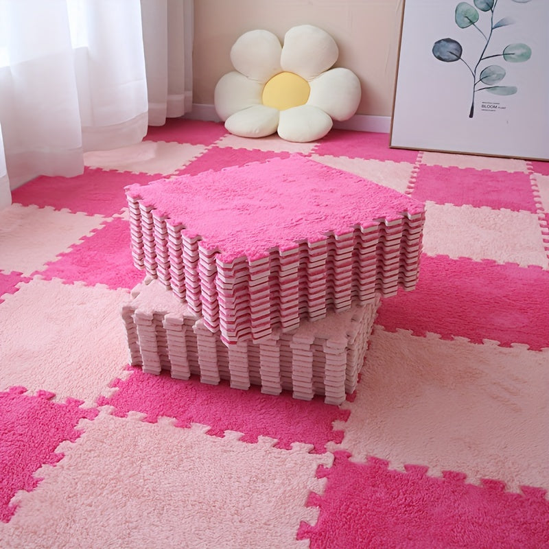 CozyTiles™ - 24pc Mat Set in pink shades stacked on a plush interlocking floor in a bright, cozy room setting