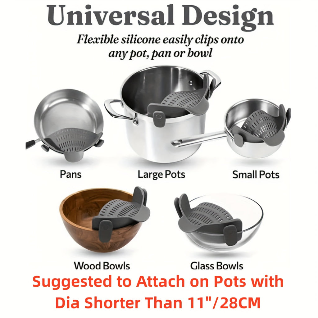 SnapStrain™ - Clip On Food Strainer in gray clips onto various pots, pans, and bowls for easy draining.