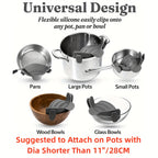 SnapStrain™ - Clip On Food Strainer in gray clips onto various pots, pans, and bowls for easy draining.