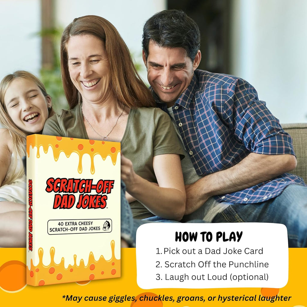 HighPeak Scratch Off Dad Jokes game box held by smiling family enjoying cheesy pun cards gift for dad