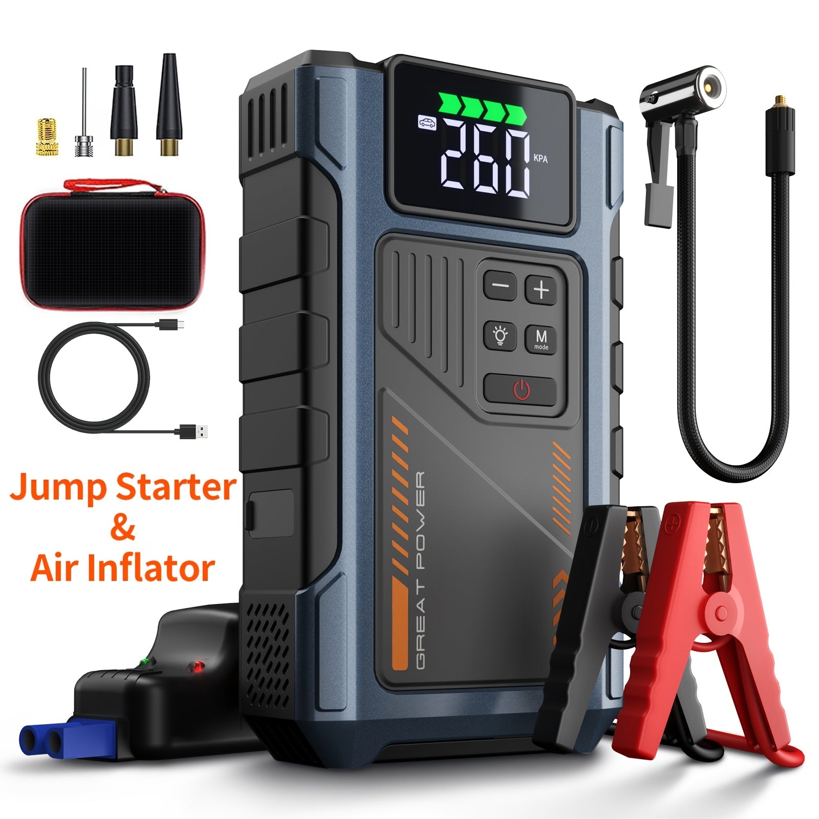 RoadRevive™ jump starter and air inflator in blue with digital display, jumper cables, and accessories by HighPeak