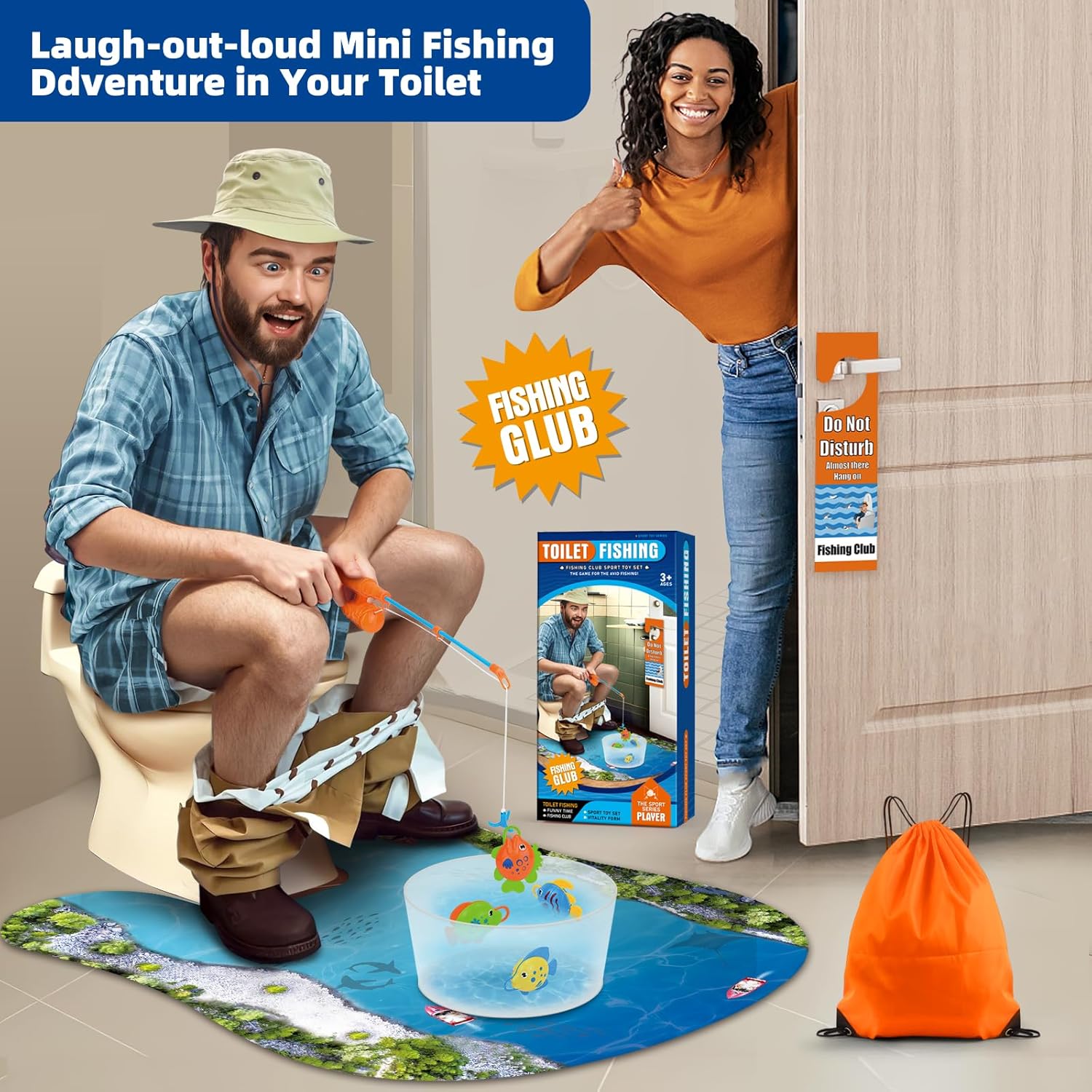 HighPeak Toilet Fishing Kit - Funny Gift with man fishing on toilet, colorful mat, plastic fish, and prank packaging in bathroom setting