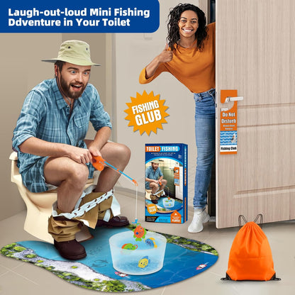 HighPeak Toilet Fishing Kit - Funny Gift with man fishing on toilet, colorful mat, plastic fish, and prank packaging in bathroom setting