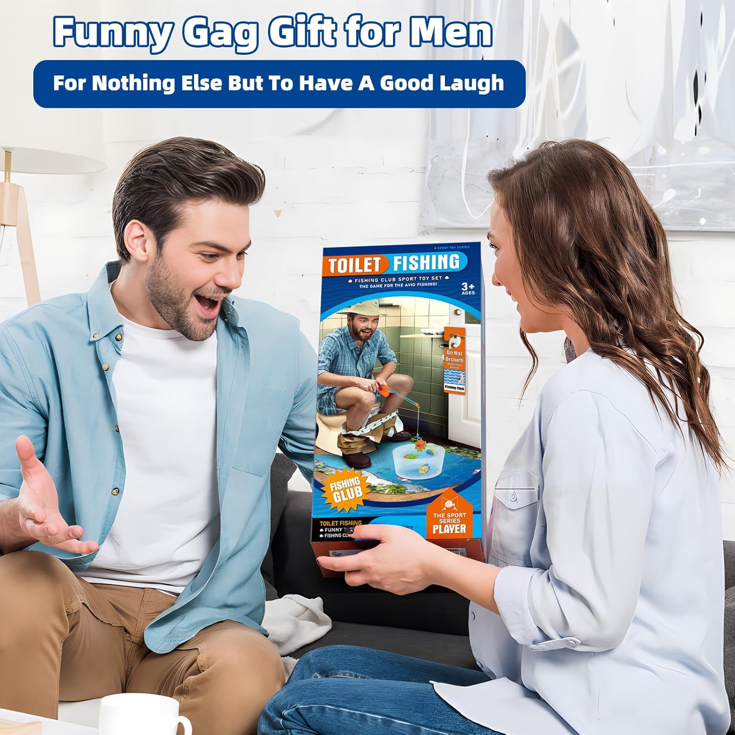 Toilet Fishing Kit - Funny Gift box held by woman showing fishing game for men, man excited in living room setting