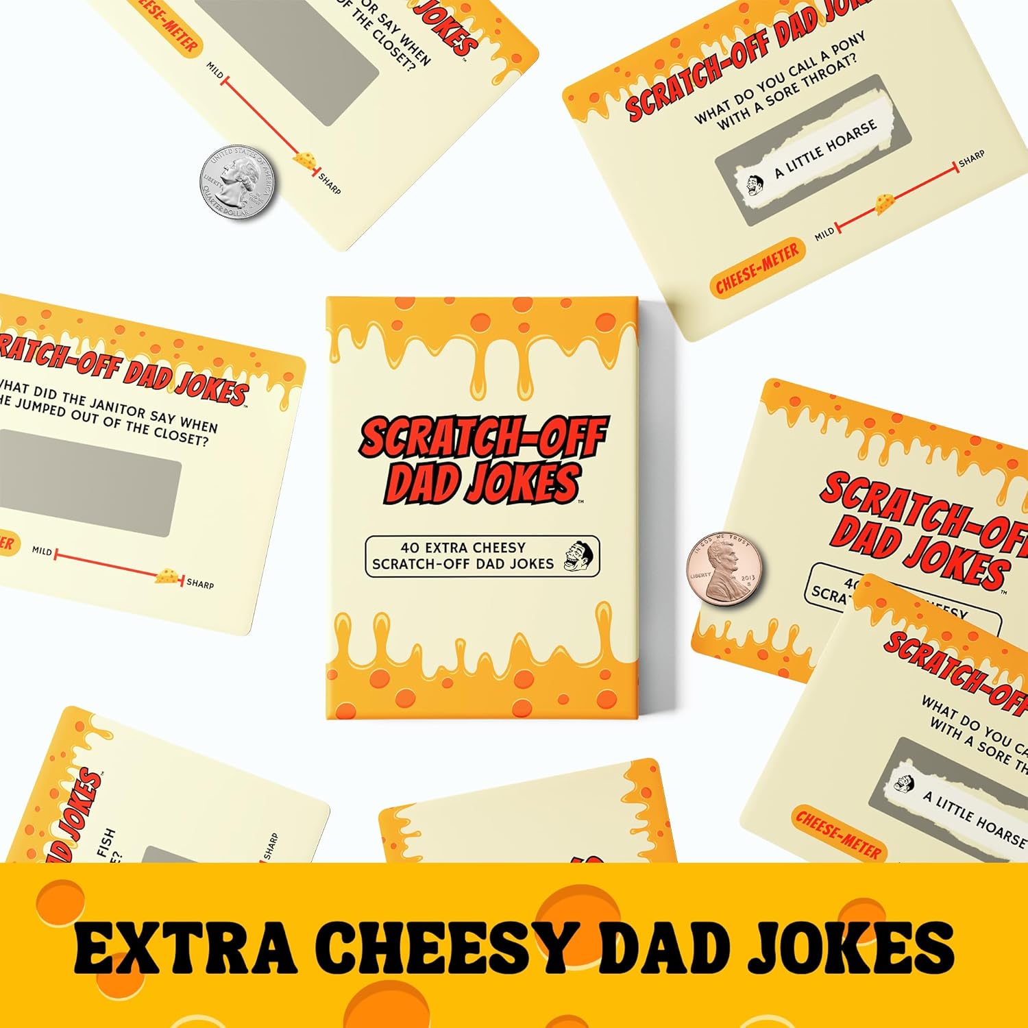 HighPeak Scratch Off Dad Jokes cards in yellow with cheesy pun reveals and scratch-to-reveal format for funny gift ideas