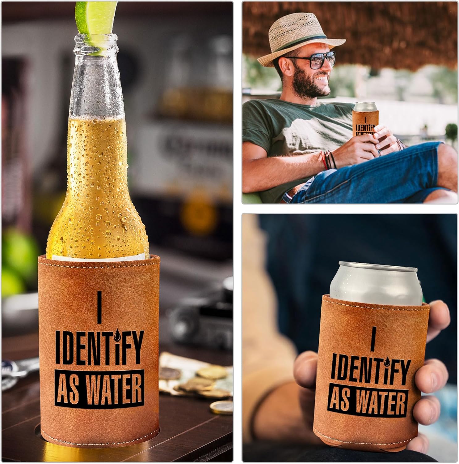 “I Identify As Water” leather can cooler in brown faux leather with bold black text, shown in casual outdoor and indoor settings with beer cans and bottles.