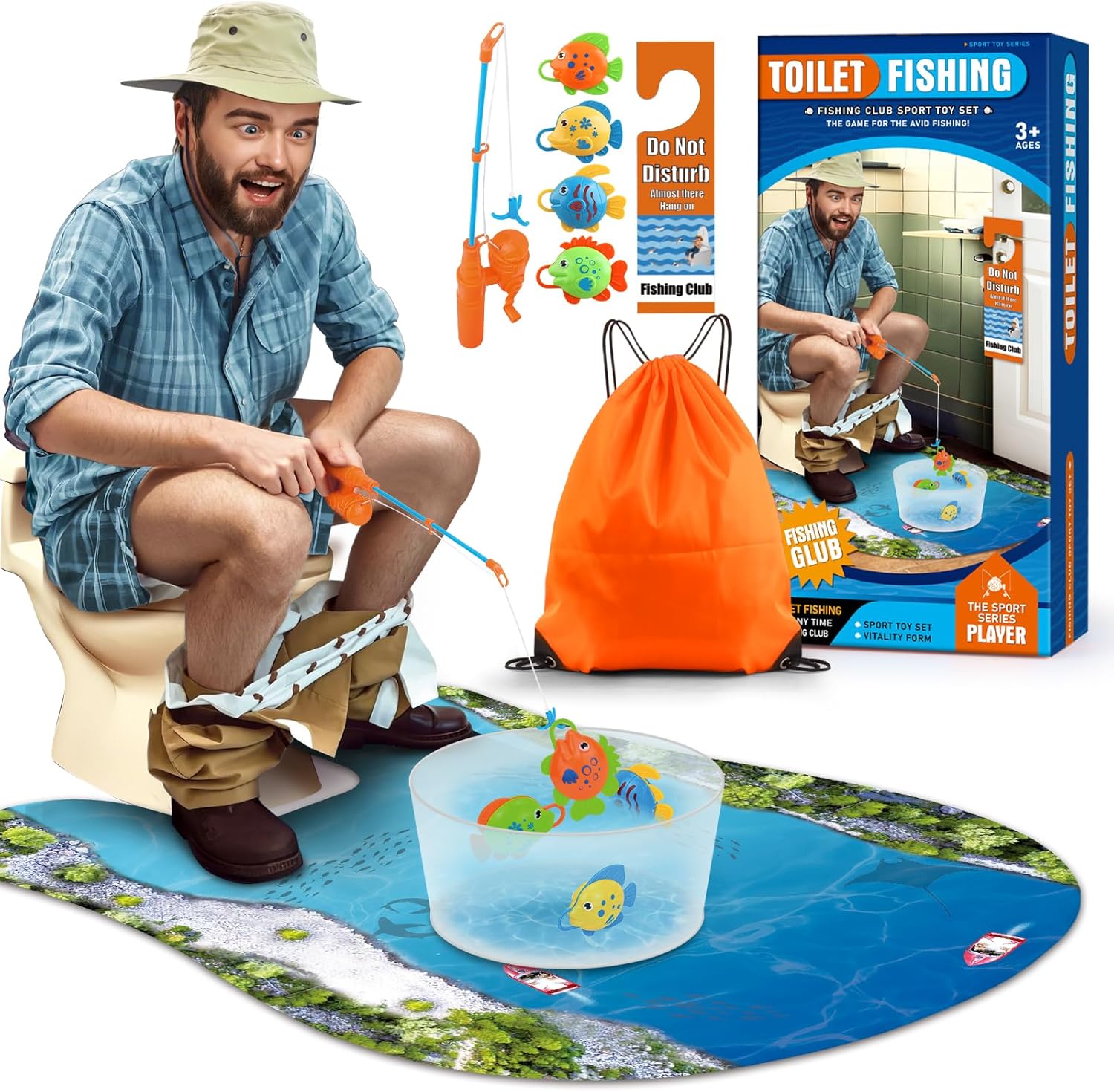 HighPeak Toilet Fishing Kit with fishing pole, colorful fish, bucket, mat, and do not disturb sign shown with man using it on toilet.