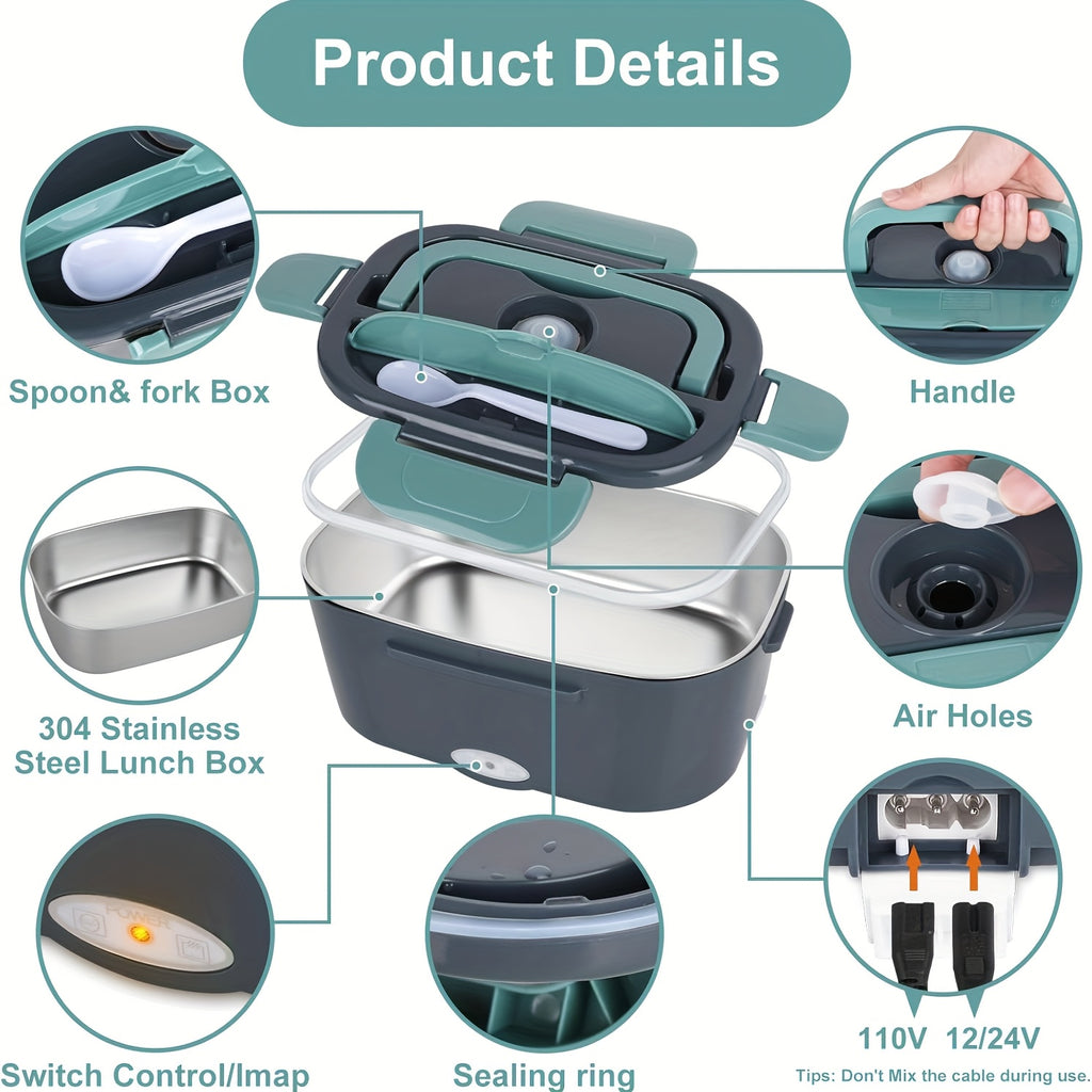 HighPeak HeatMate™ Electric Lunch Box in black and green showing stainless steel tray, spoon box, handle, air holes, and control switch features.
