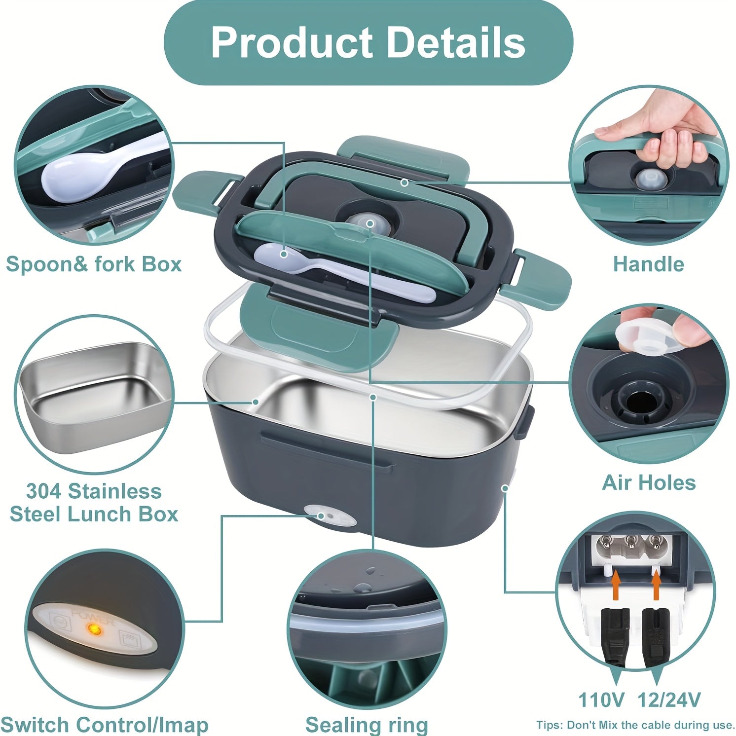 HighPeak HeatMate™ Electric Lunch Box in black and green showing stainless steel tray, spoon box, handle, air holes, and control switch features.