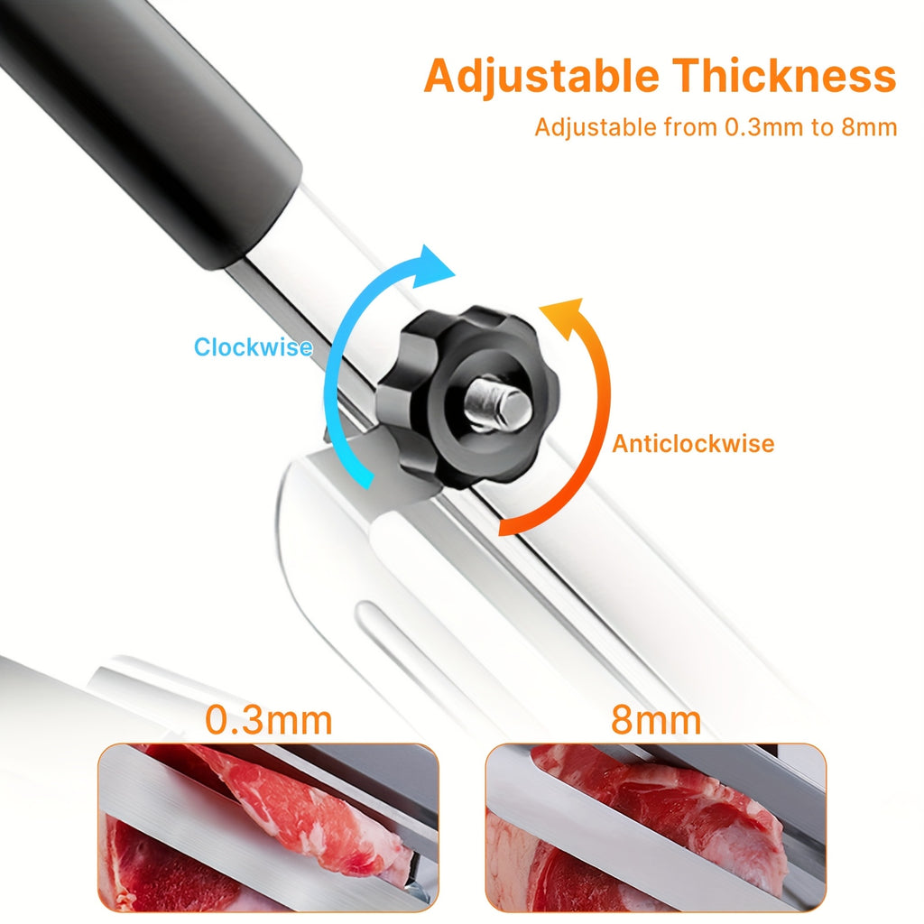 HighPeak Manual Meat Slicer close-up of black adjustable thickness dial from 0.3mm to 8mm on stainless steel slicer blade