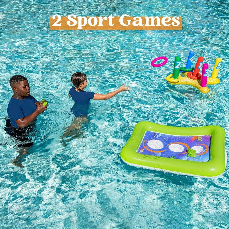 HighPeak 2-in-1 Inflatable Pool Toss Game in bright colors with ring toss and corn-toss targets in a pool setting