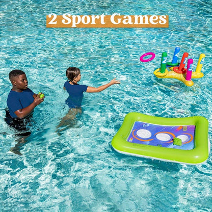HighPeak 2-in-1 Inflatable Pool Toss Game in bright colors with ring toss and corn-toss targets in a pool setting