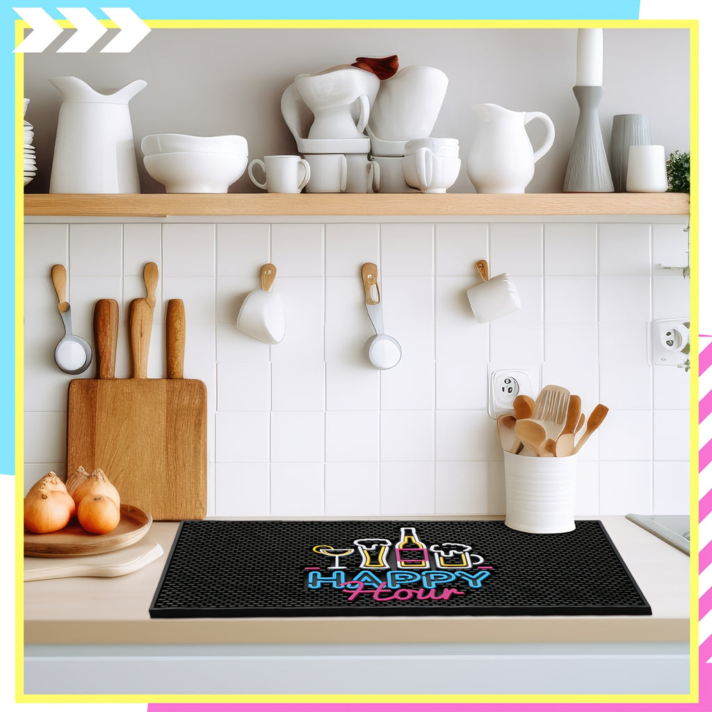 HighPeak Fluorescent Bar Mat in black with neon Happy Hour design on a kitchen countertop with utensils and white shelves