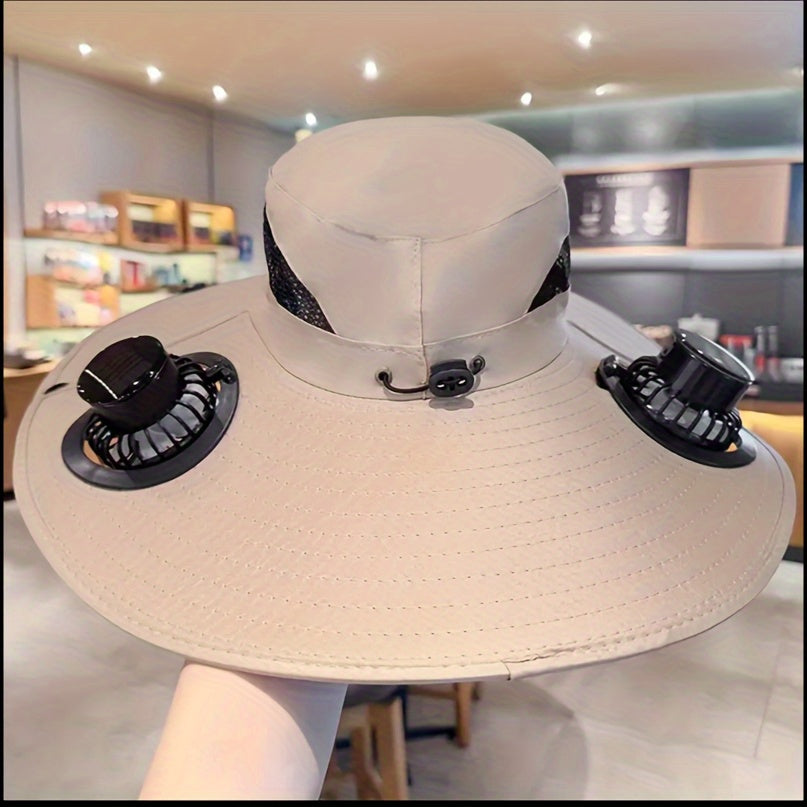 HighPeak Cooling Fan Sun Hat in beige with dual fans and adjustable fit shown indoors for sun protection and cooling breeze