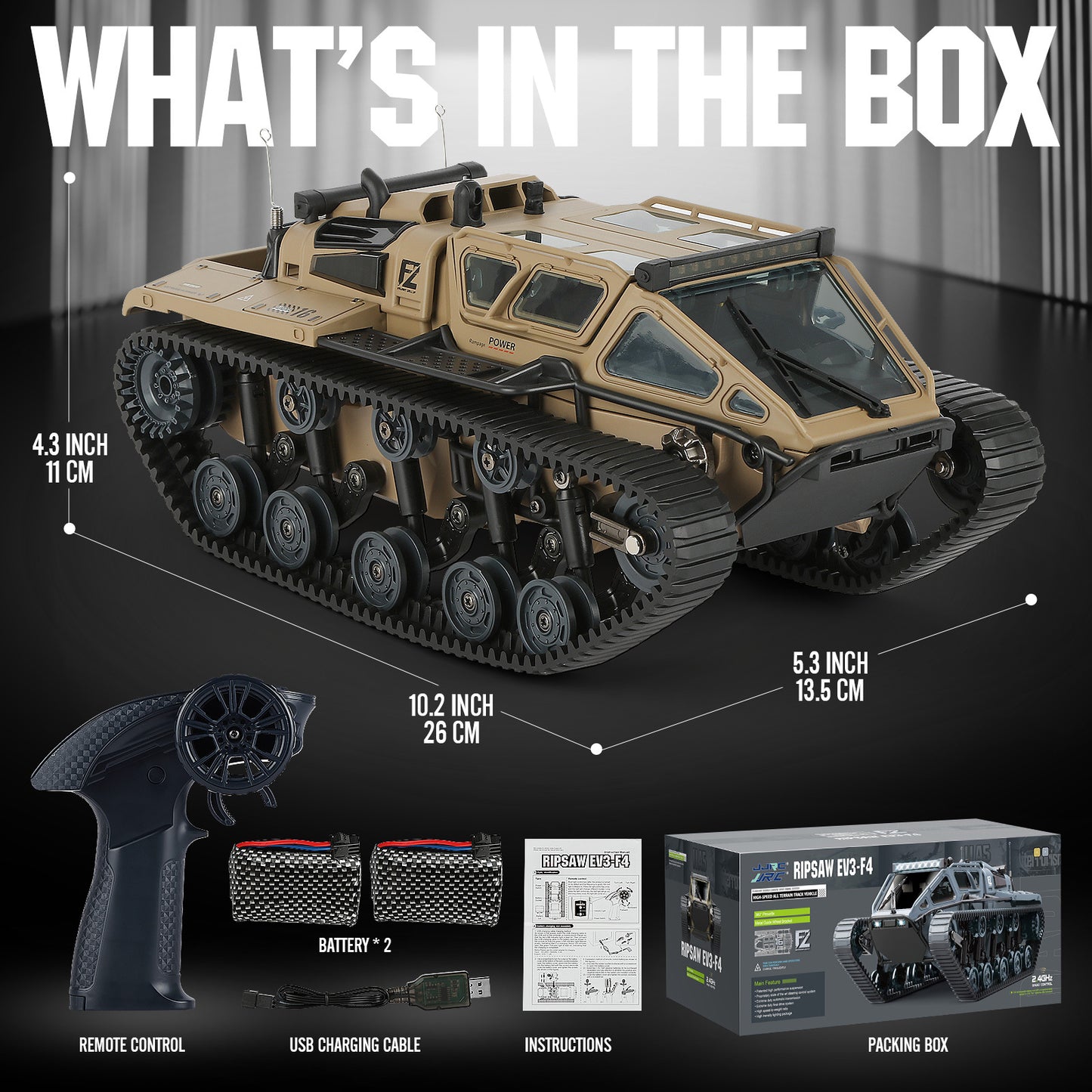 WarBeast RC Tank in tan with tracked treads and accessories including remote, batteries, USB cable, and instructions by HighPeak.