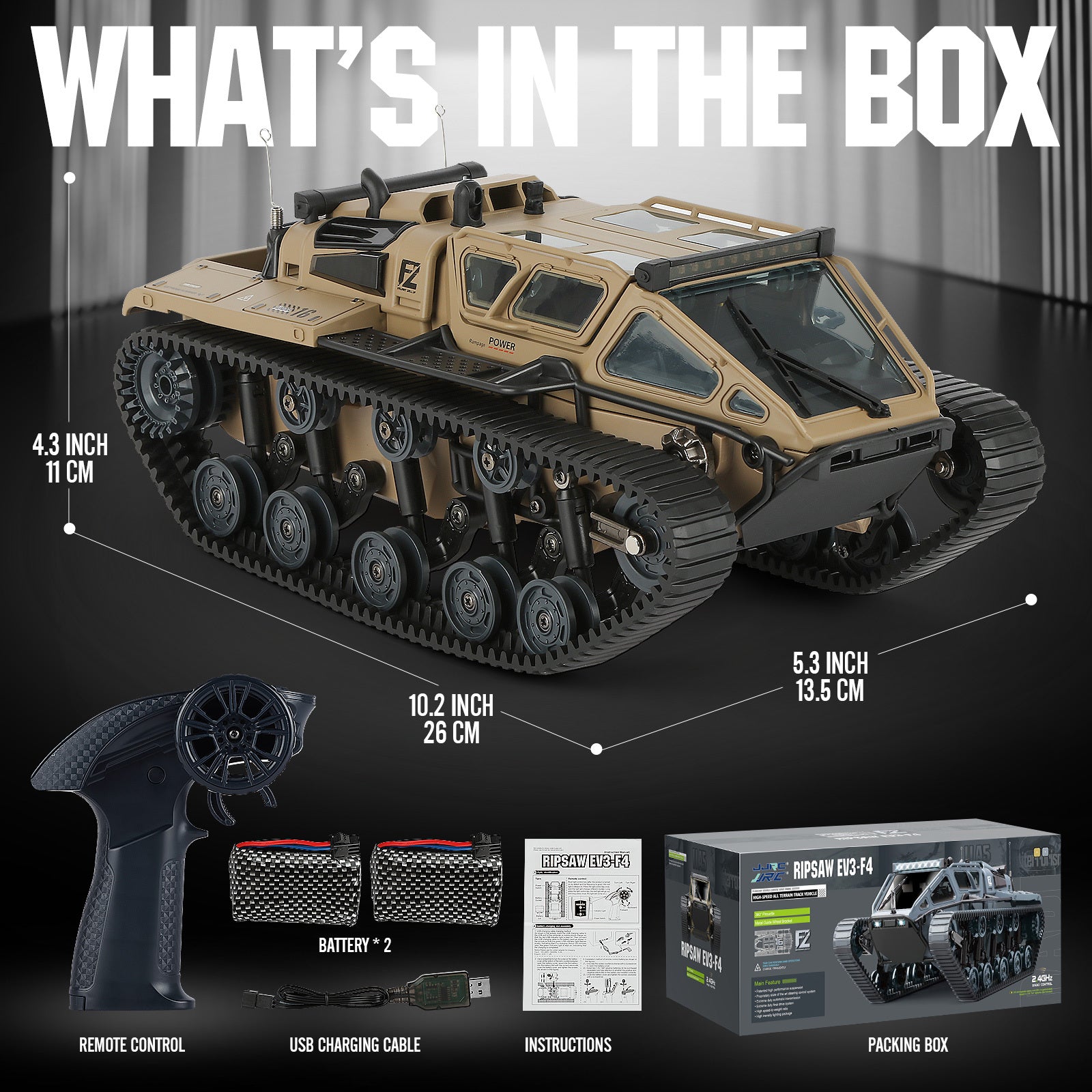 WarBeast RC Tank in tan with tracked treads and accessories including remote, batteries, USB cable, and instructions by HighPeak.