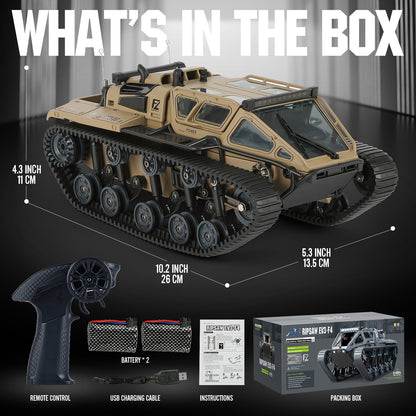 WarBeast RC Tank in tan with tracked treads and accessories including remote, batteries, USB cable, and instructions by HighPeak.