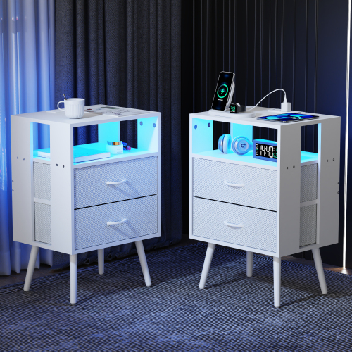 HighPeak Custom LED Nightstands set of 2 in white with blue LED lighting, USB ports, and mid-century legs in bedroom.