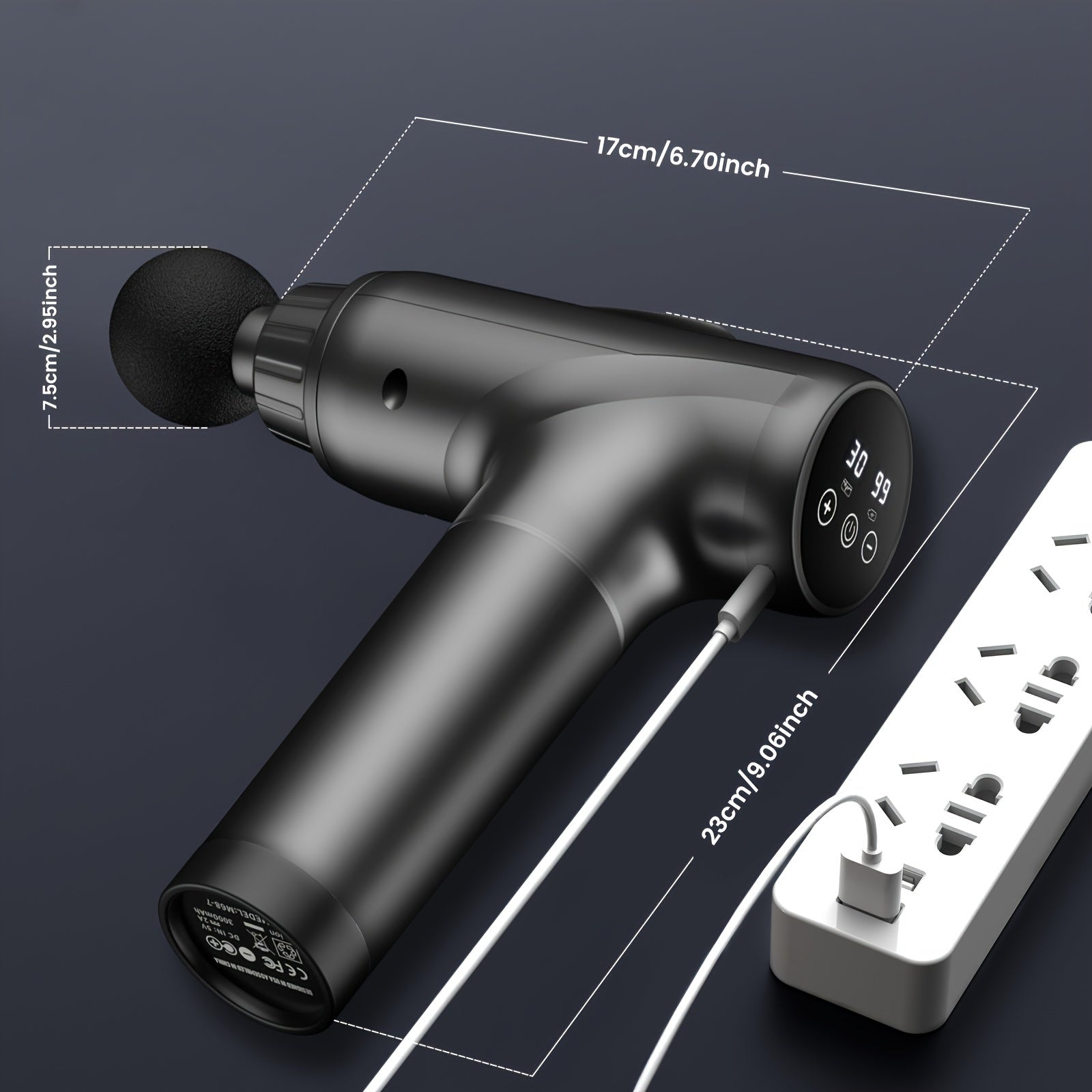 PulsePro™ Deep Tissue Massage Gun in matte black with smart LED display, charging via power strip, showing size dimensions.