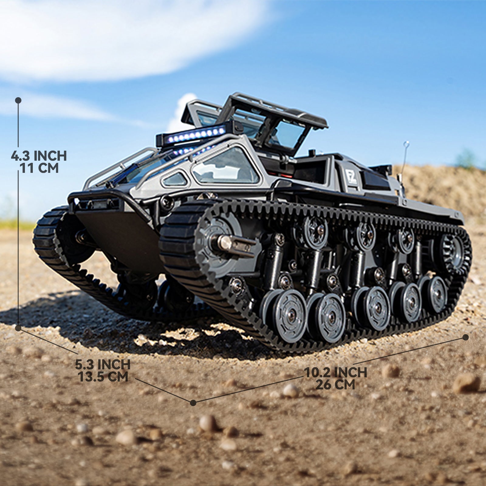 WarBeast RC Tank by HighPeak in black alloy with LED lights and tracked treads on rocky outdoor terrain