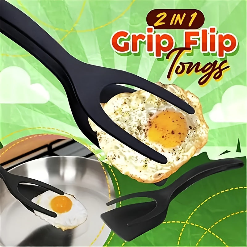 FlipGrip™ - 2 in 1 Spatula Tongs in black gripping a fried egg over a stainless steel pan with green background and branding text.