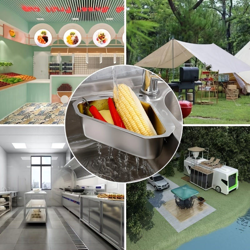 SinkMate™ Corner Strainer Basket in stainless steel draining corn and peppers in a modern kitchen sink corner by HighPeak