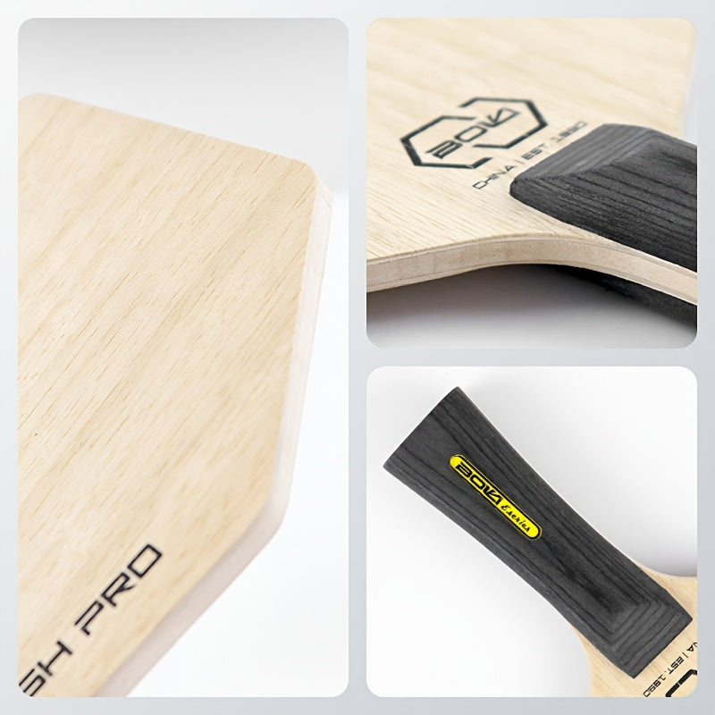 HexaEdge™ Ping Pong Paddle by HighPeak showing natural wood blade and black ergonomic handle with logo detail close-up.
